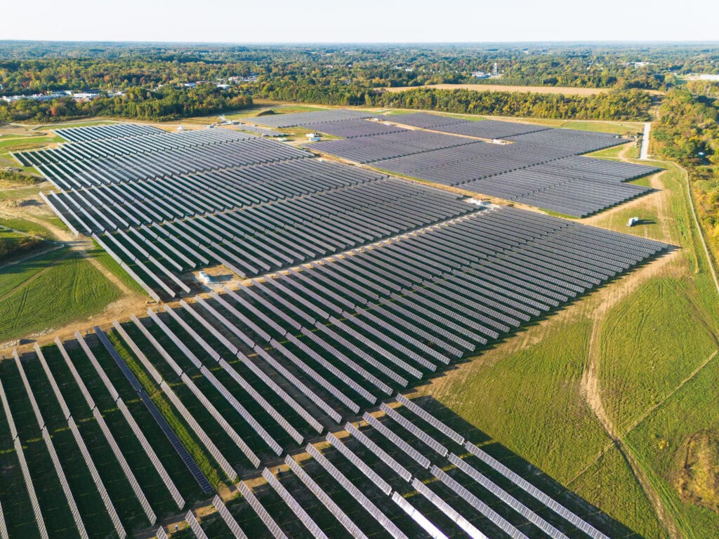 An aerial view of a solar farm